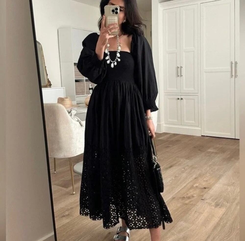 Free People perfect storm smocked eyelet midi in black cotton poplin (new)